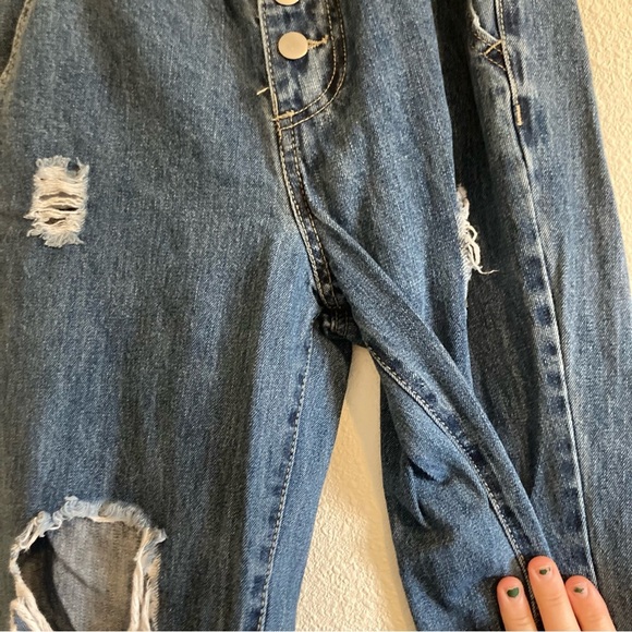 Forever 21 Paper Bag Elastic Waist Medium Wash Button Fly High Rise Mom Jeans - Picture 5 of 12